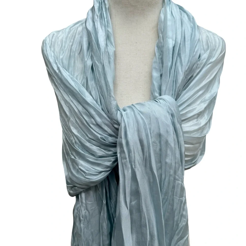 Eileen Fisher 100% Silk Coastal Minimalist Crinkle Beaded Scarf Wrap Pastel Blue